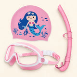 Mermaid Pink three-piece set with the original printed swim cap, matching goggles and separate curved snorkel, shown on warm beige.