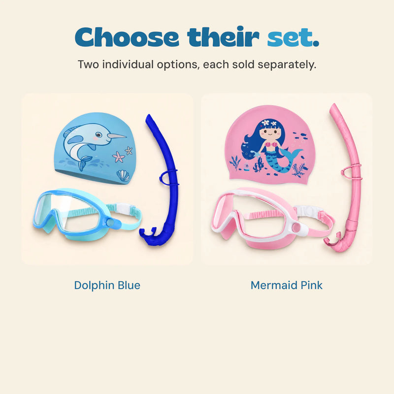 The two separately sold three-piece options, Dolphin Blue and Mermaid Pink, with cap, goggles and snorkel in each.