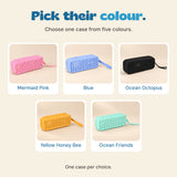 Five goggle case colour choices: Mermaid Pink, Blue, Ocean Octopus, Yellow Honey Bee and Ocean Friends. One case per choice.