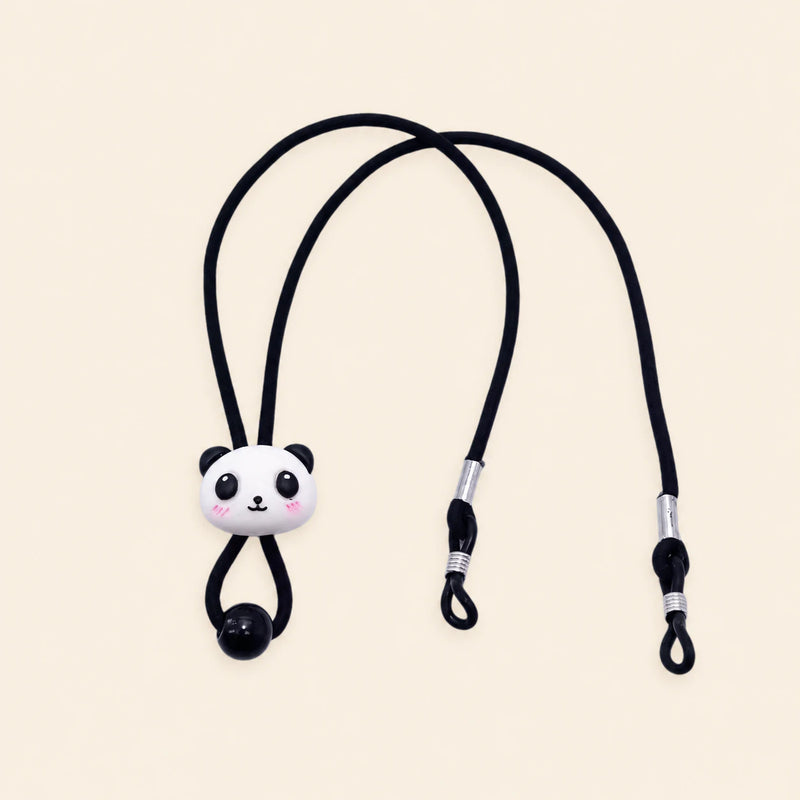 Black cord with panda charm, sliding bead and two adjustable black end loops on a warm beige background.