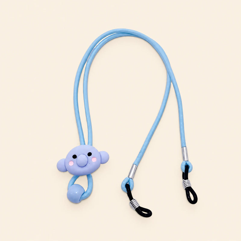 Blue cord with koala charm, sliding bead and two adjustable black end loops on a warm beige background.