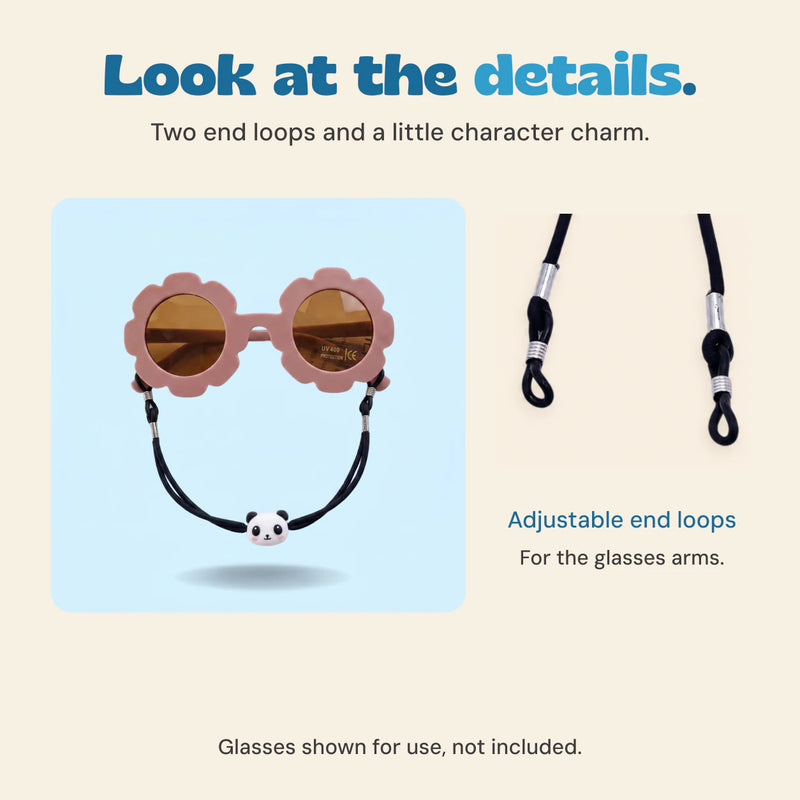 Panda keeper shown attached to flower-shaped glasses, beside a close-up of its black end loops and metal adjusters. Glasses are not included.