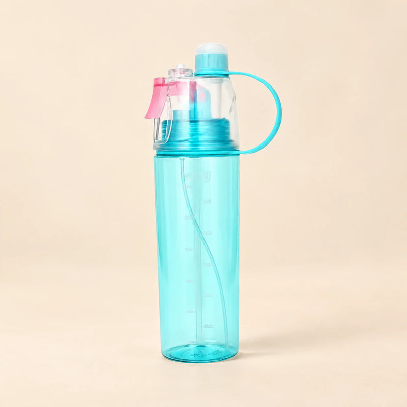 TibaToes™ MistSip Bottle in the photographed blue design on a calm warm beige background.