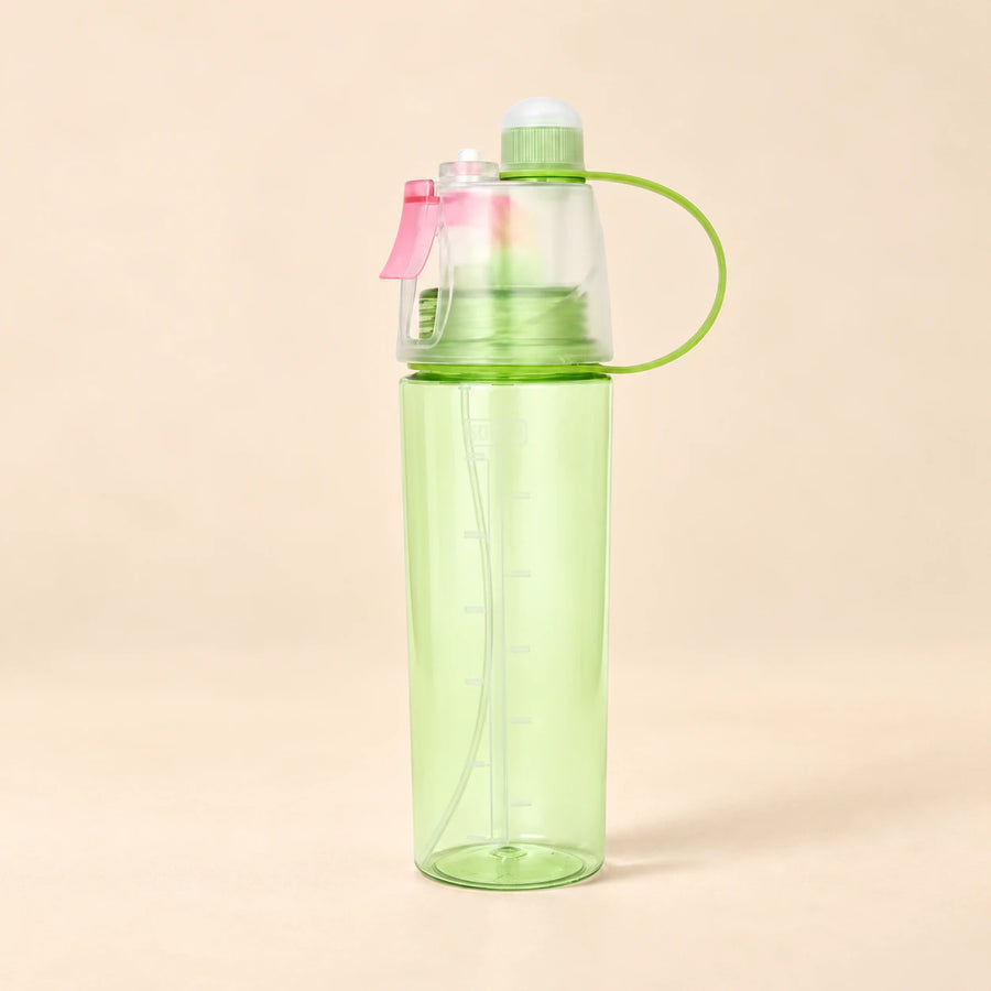 TibaToes™ MistSip Bottle in the photographed green design on a calm warm beige background.