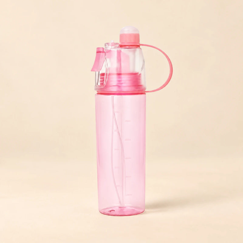 TibaToes™ MistSip Bottle in the photographed pink design on a calm warm beige background.