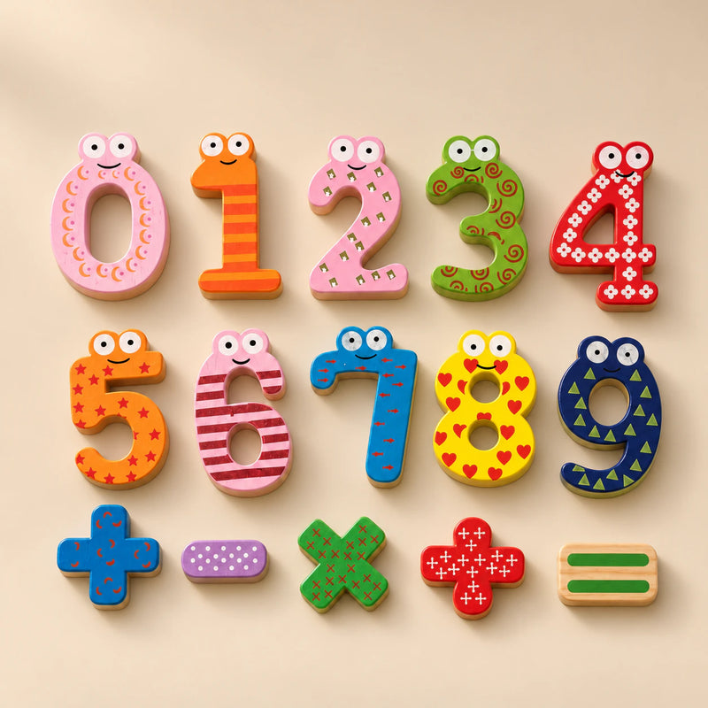 Ten patterned wooden numbers and five colourful symbols arranged on a warm beige studio surface.