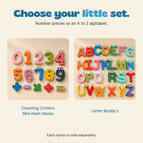 A number-and-symbol set shown beside the Letter Buddy's alphabet set as separate product choices.