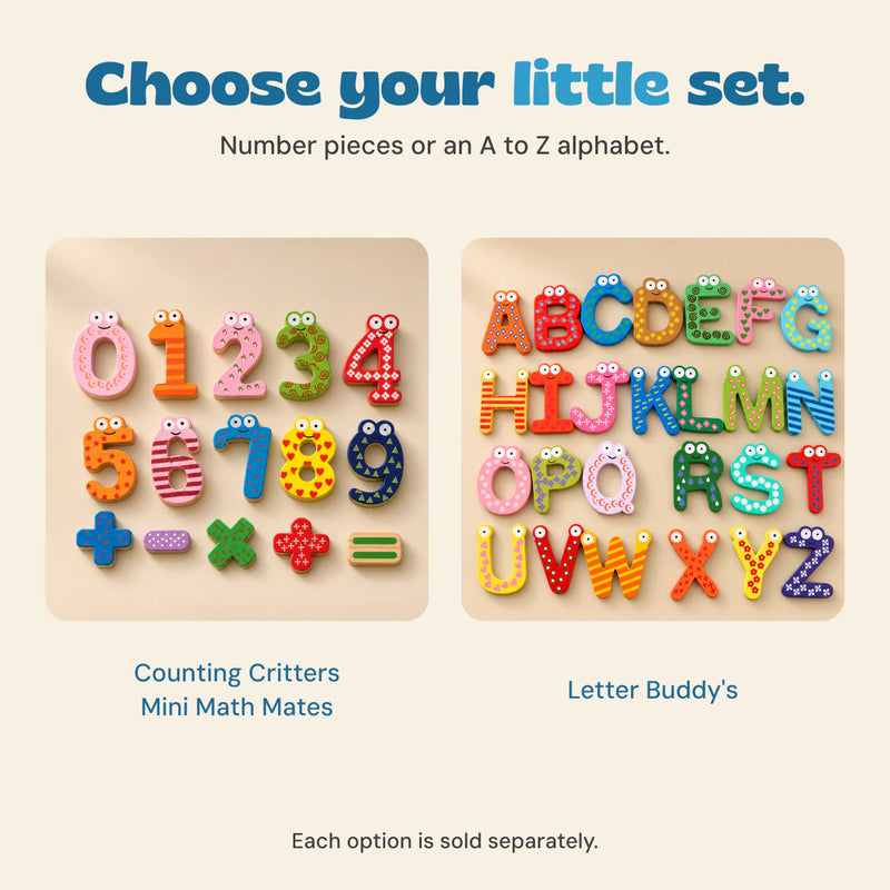 A number-and-symbol set shown beside the Letter Buddy's alphabet set as separate product choices.