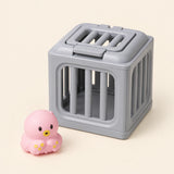One pink octopus with yellow details toy beside one gray rescue cage on a warm beige background. This is one separate variant choice.