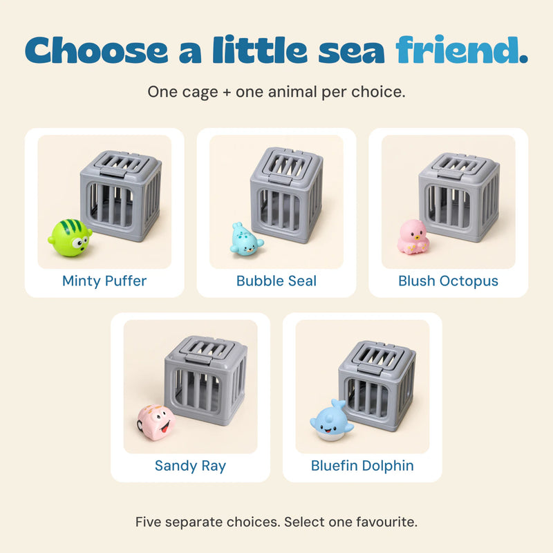 Five separate Marine Life Rescue options: Minty Puffer, Bubble Seal, Blush Octopus, Sandy Ray or Bluefin Dolphin. Each choice includes one cage and one animal.