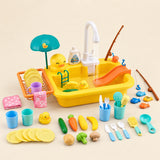 Duckling Wash Station toy sink with its matching tap, umbrella, slide, dishes, play food and fishing accessories on a warm beige background.