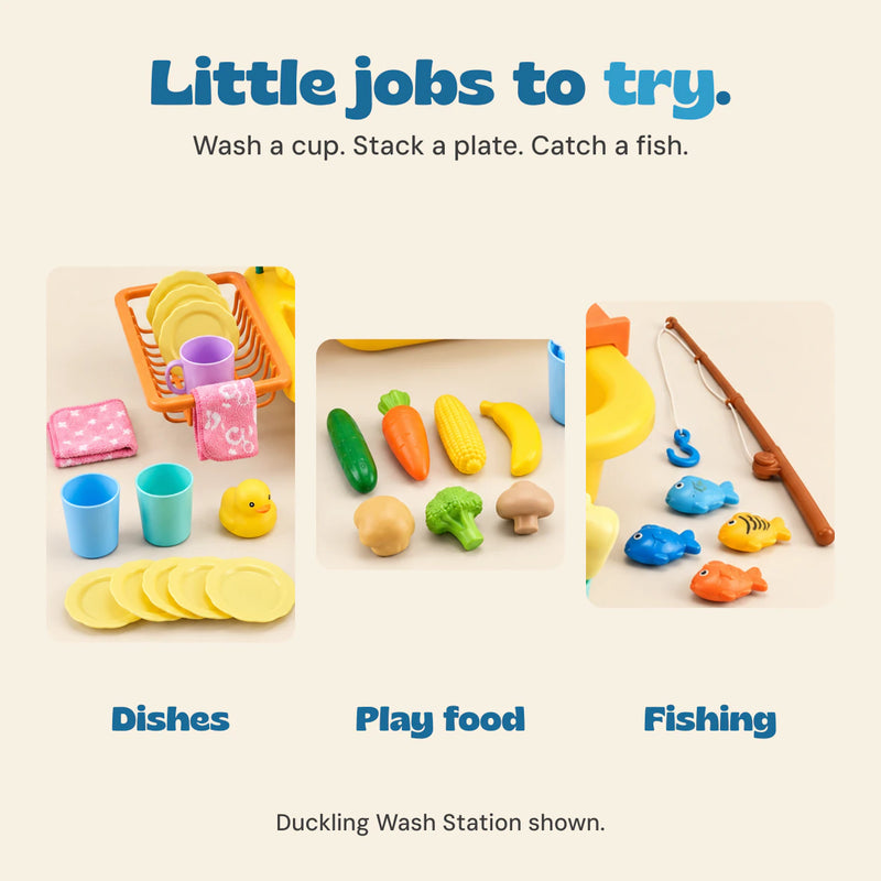 Close-ups of the Duckling Wash Station dishes, colourful play food and toy fishing rod with fish.