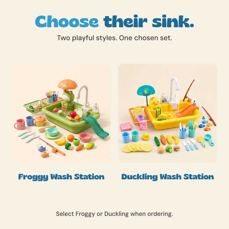 Froggy Wash Station and Duckling Wash Station shown side by side as two separate choices. One selected set is included.