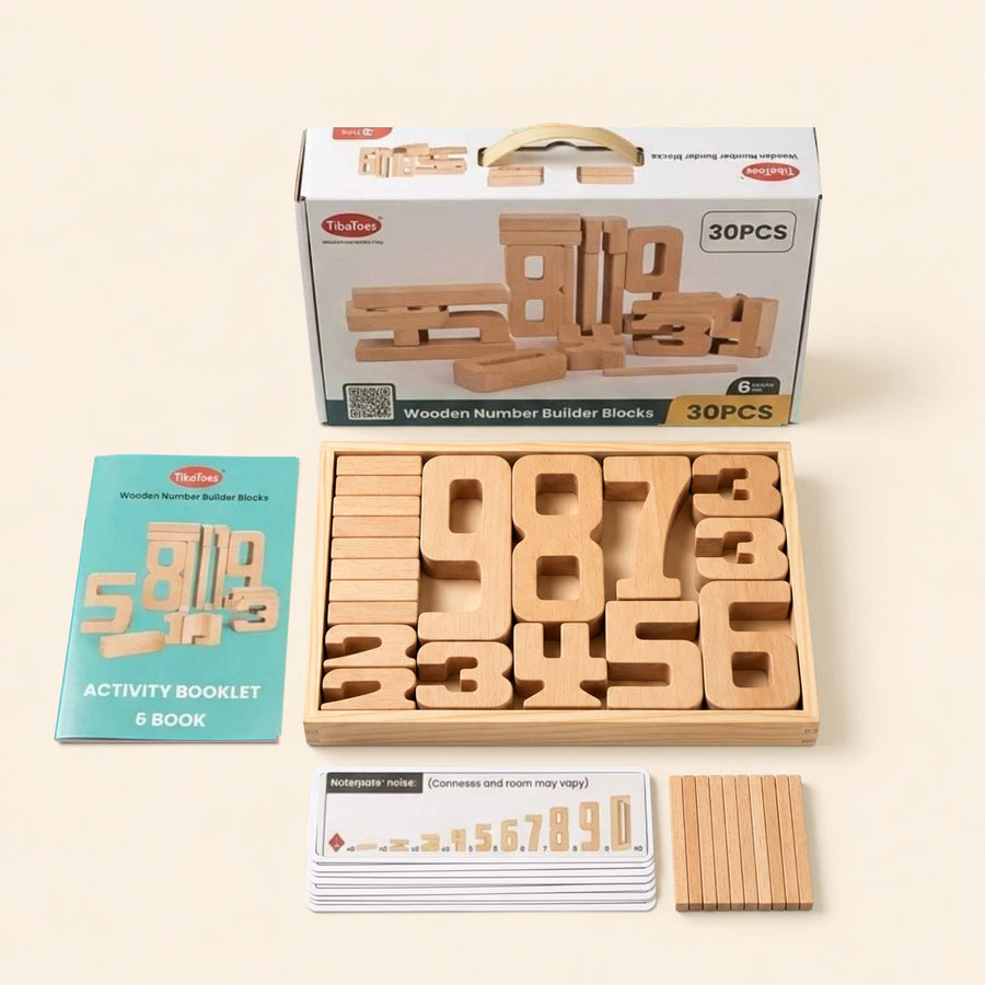 Natural wood number blocks in a tray with printed box, activity booklet, cards and wooden rods on warm beige.