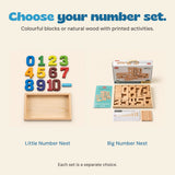 Little Number Nest colourful blocks beside the Big Number Nest natural wooden set, shown as separate choices.