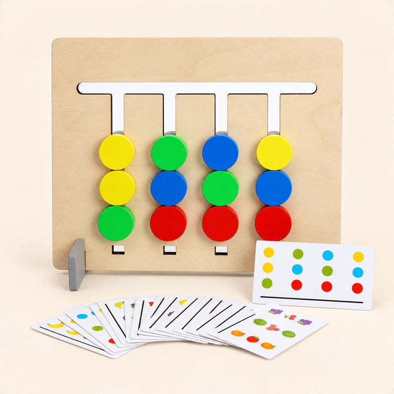 Color Dot Match wooden sliding board with its original discs and pattern cards on warm beige.