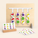 Fruit Logic Match wooden sliding board with its original discs and pattern cards on warm beige.