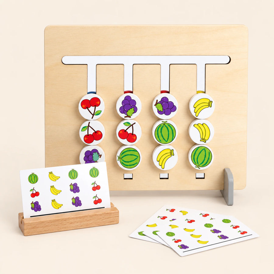 Fruit Logic Match wooden sliding board with its original discs and pattern cards on warm beige.