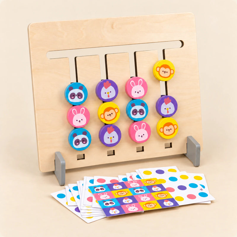 Animal Pattern Match wooden sliding board with its original discs and pattern cards on warm beige.
