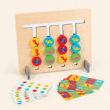 Dino Pattern Match wooden sliding board with its original discs and pattern cards on warm beige.