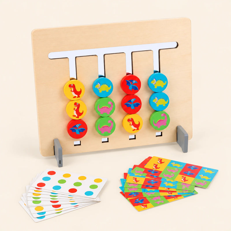 Dino Pattern Match wooden sliding board with its original discs and pattern cards on warm beige.
