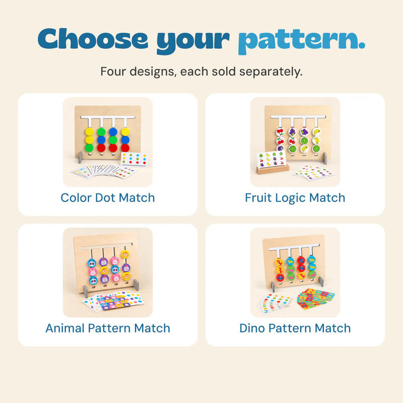 Four separate MatchStack design choices: Color Dot Match, Fruit Logic Match, Animal Pattern Match and Dino Pattern Match.