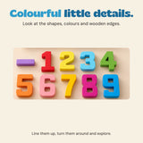 Close view of the red, yellow, blue, green, orange, pink and magenta wooden number blocks.