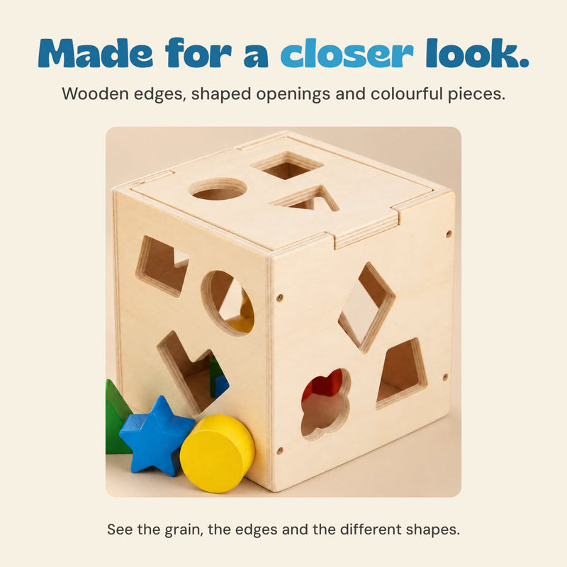 Close detail of the natural wood grain, fitted lid and shaped openings of the sorting cube.