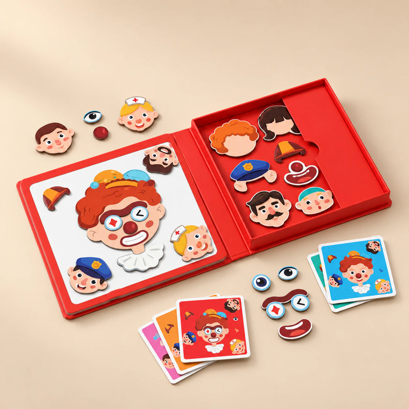 An open red magnetic puzzle book with face pieces and example cards on a sunlit beige table.