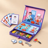 An open purple magnetic dress-up book with career characters, example cards and a drawer of pieces.