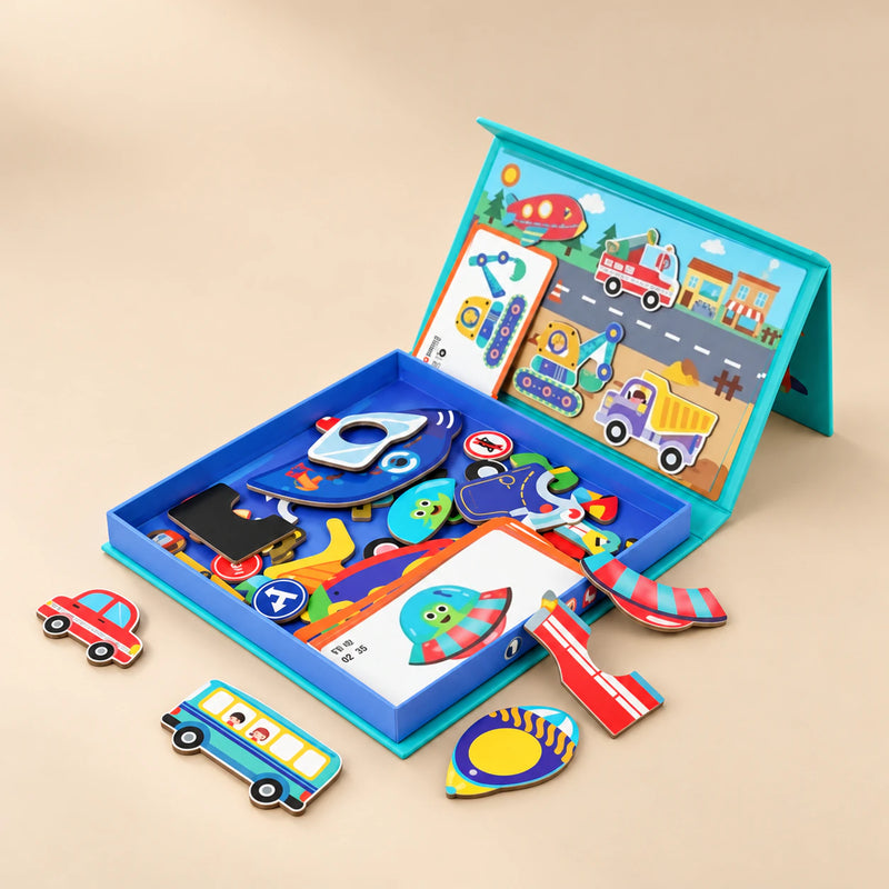 A turquoise magnetic puzzle book with a road scene, vehicle pieces and example cards.