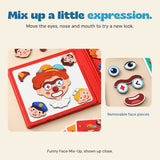 Close view of the clown face, loose eyes and mouth pieces in the red magnetic puzzle book.