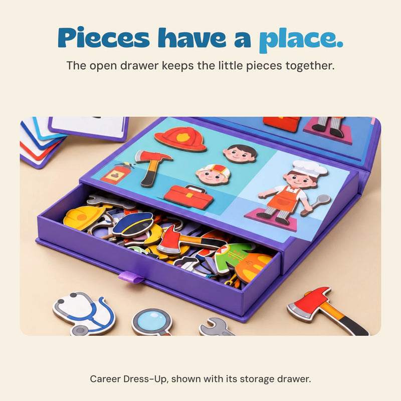 The purple Career Dress-Up book with its drawer open to show magnetic character and accessory pieces.