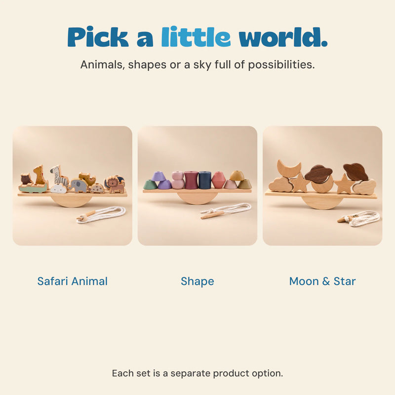 Safari Animal, Shape and Moon & Star balance sets shown as three separate choices.