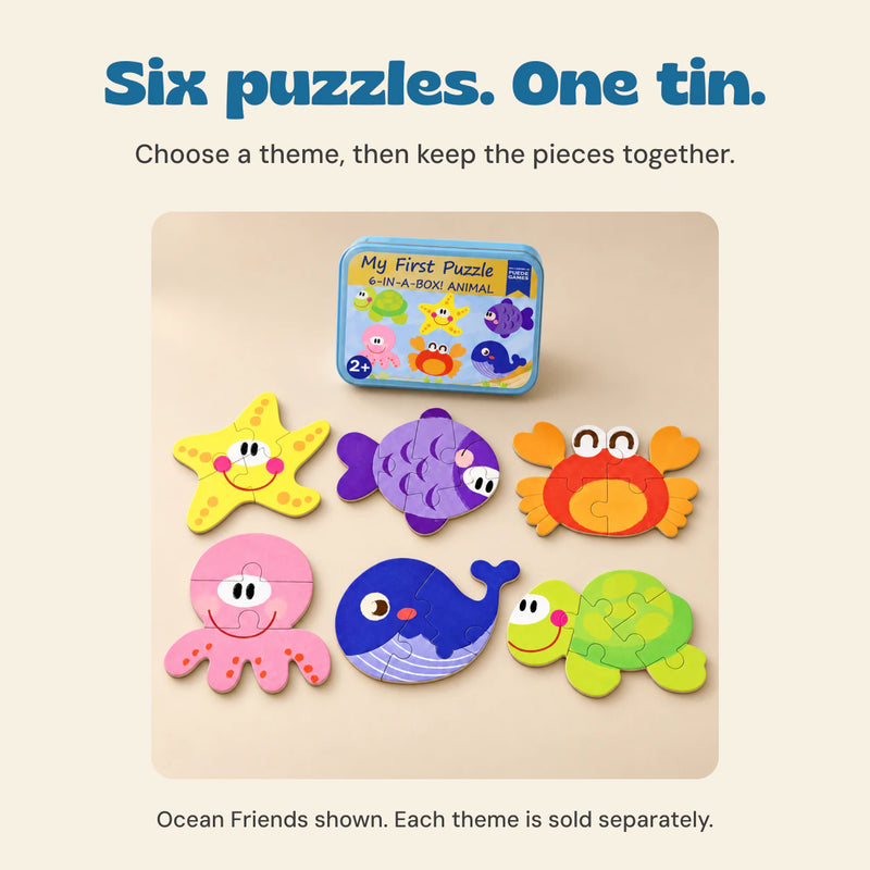 The Ocean Friends option with its six assembled sea-animal puzzles and matching blue storage tin.
