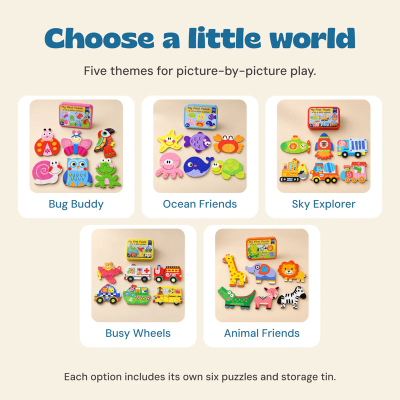 Five separate puzzle-box options: Bug Buddy, Ocean Friends, Sky Explorer, Busy Wheels and Animal Friends.