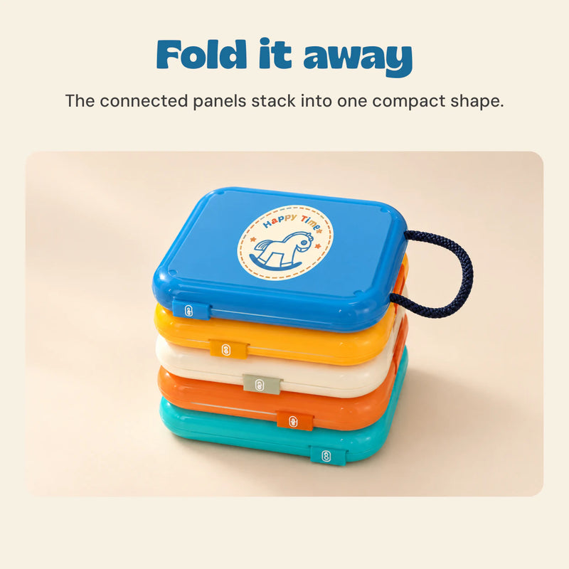 The five activity panels folded into a compact blue, yellow, cream, orange and turquoise stack with a short cord loop.