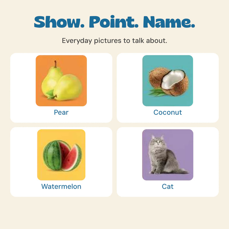 Original pear, coconut, watermelon and cat cards from the included orange Vision Cards set.