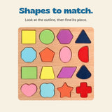 The actual wooden puzzle shows sixteen coloured shapes with their original outlines and arrangement.