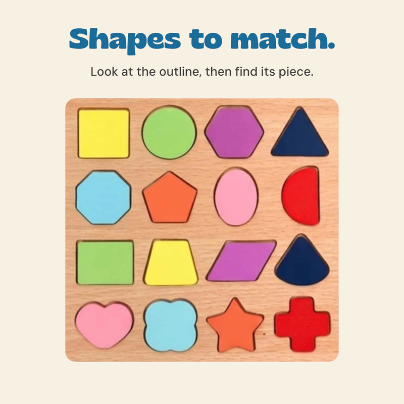 The actual wooden puzzle shows sixteen coloured shapes with their original outlines and arrangement.