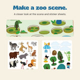 Exact native Zoo sticker book details show the enclosure scene and animal and scenery sticker previews.