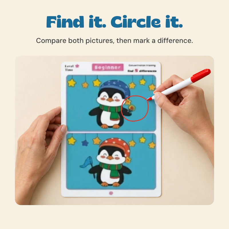 An adult hand circles the extra lollipop in the original Beginner penguin comparison puzzle with a red marker.