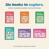 Six writing practice book covers for Alphabet, Vocabulary, Number, Addition and Subtraction, Creative Drawing 1 and Creative Drawing 2.