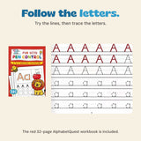 Red AlphabetQuest workbook beside a close view of its capital A and lowercase a tracing rows.