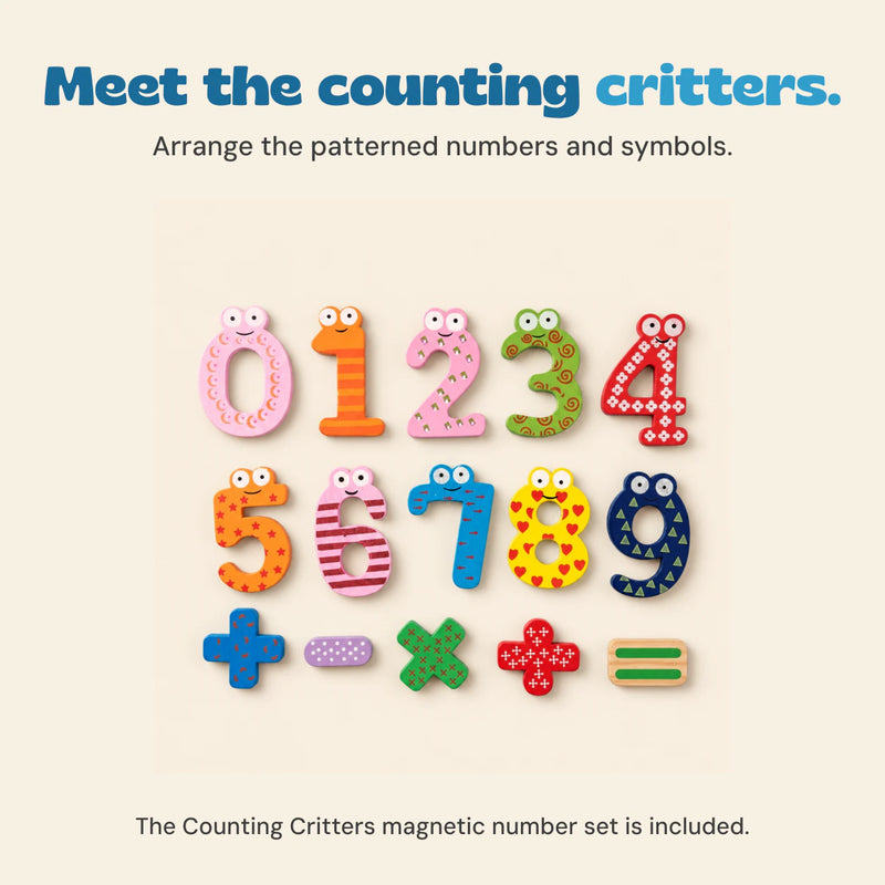 Ten colourful magnetic numbers with character faces and five arithmetic symbols arranged on beige.