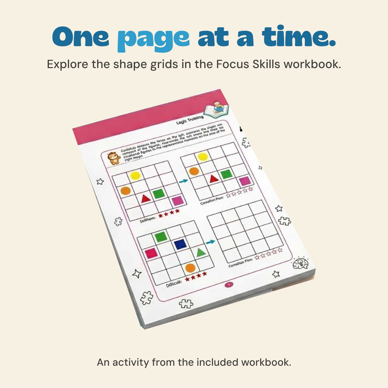Open Focus Skills workbook showing coloured shapes arranged in comparison grids.