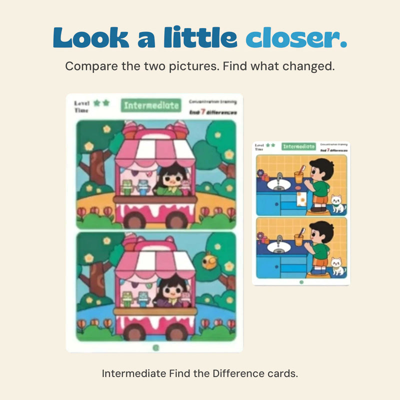 Intermediate difference cards showing paired market and everyday scenes.