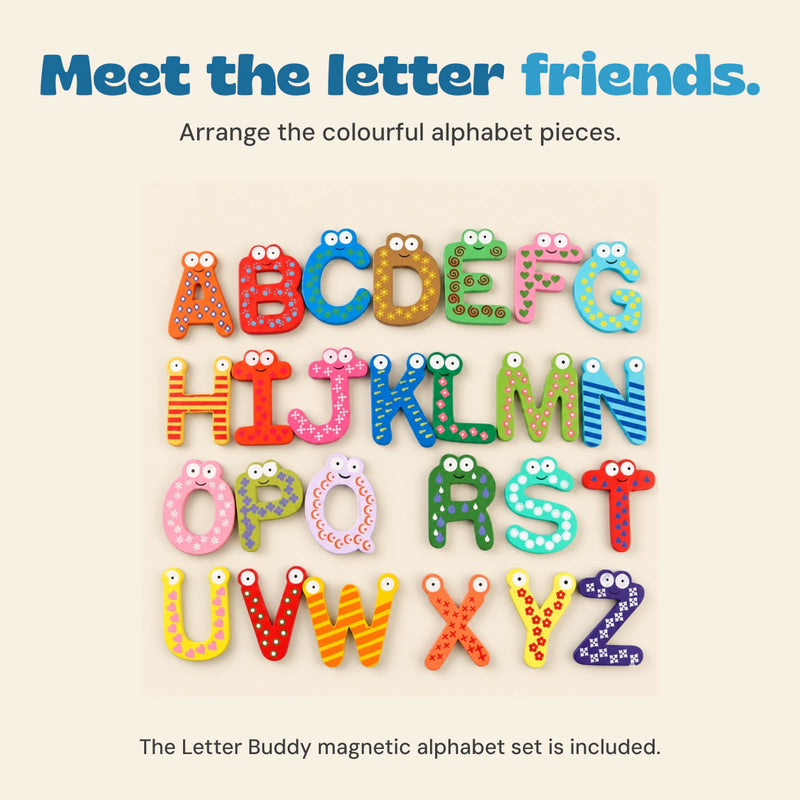 All twenty-six colourful Letter Buddy magnetic letters arranged from A to Z on beige.