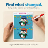 Hands circle the lollipop difference on the Beginner penguin comparison card.