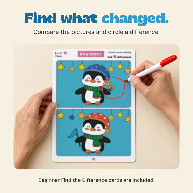 Hands circle the lollipop difference on the Beginner penguin comparison card.